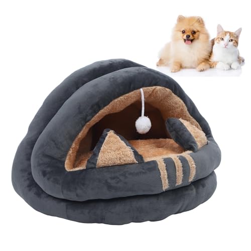 Saluaqui Ultra Weiches Langes Plush -Waschkatze -Hausbett, Halb Geschlossene, Gemütliche Haustier -Cartoon -Tierhaus für Herbst und Winter mit Spielzeugball Hängen (M) von Saluaqui