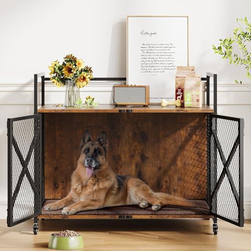 Hölzerne Hundekiste Möbel mit Weichem Kissen, Heavy Duty Hundekäfig Möbel mit Abschließbaren Rädern für Kleine/Mittlere Hunde, Dekorative End-Tabelle Indoor-Hundehütte, Braun 79X52X73cm von Salutmeuble