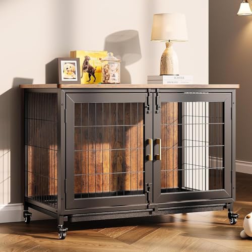 HundekäFig, ZwingerkäFig für Große Hunde, 95 cm, XL-Holzkisten, Zwinger für Den Innenbereich Mit Feststellbaren RäDern, Robuste KistenmöBel für Kleine Bis Mittelgroße Haustierrassen, 95 x 65 x 60 von Salutmeuble