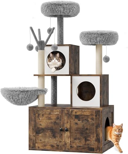Katzenbaum Mit Katzenklo Schrank, 146 cm Hoch, Katzenhaus Aus Holz Mit Kratzbaum, HäNgeball, KatzenrüCken Und Oberer Sitzstange, All-In-One (Eichenbraun) von Salutmeuble