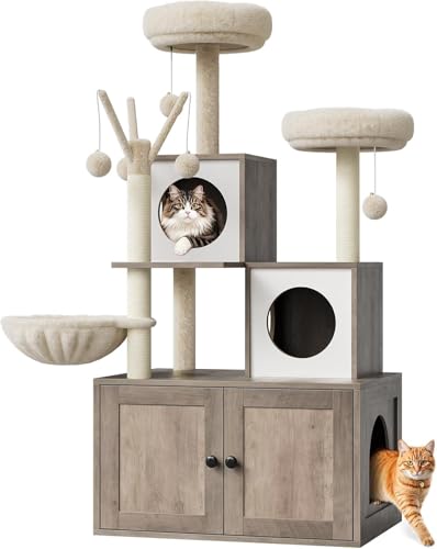 Katzenbaum Mit Katzenklo Schrank, 146 cm Hoch, Katzenhaus Aus Holz Mit Kratzbaum, HäNgeball, KatzenrüCken Und Oberer Sitzstange, All-In-One (Grau) von Salutmeuble
