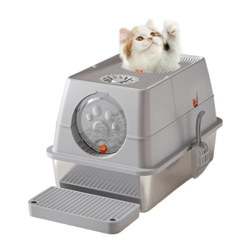 Katzentoilette aus Edelstahl, großes Toilettenhaus, mit Sandfilterpedal und Katzenstreuschaufel, Vorder- und Obertür, geruchlos, leicht zu reinigen, Grau von Salutmeuble