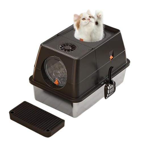 Katzentoilette aus Edelstahl, großes Toilettenhaus, mit Sandfilterpedal und Katzenstreuschaufel, Vorder- und Obertür, geruchlos, leicht zu reinigen, Schwarz von Salutmeuble