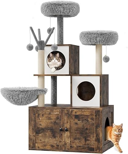 Katzentoilette mit Turm, verstecktes Toilettenmöbel für Katzen, mit Sisal-Kratzbaum und Plüschsitzstange, Möbel aus Holz für Katzen mit mehreren Plattformen, Braun Katzentoilette mit Turm, verstecktes Toilettenmöbel für Katzen, mit Sisal-Kratzbaum und Plüschsitzstange, Möbel aus Holz für Katzen mit mehreren Plattformen, Braun von Salutmeuble