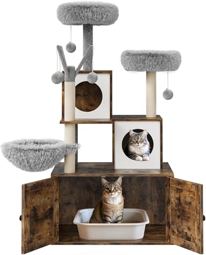 Katzentoilette mit Turm für Katzen, versteckte Toilette für Katzen, mit Sisal-Kratzbaum und Plüschstange, Holzmöbel für Katzen mit mehreren Plattformen, Braun (Braun + Weiß) von Salutmeuble