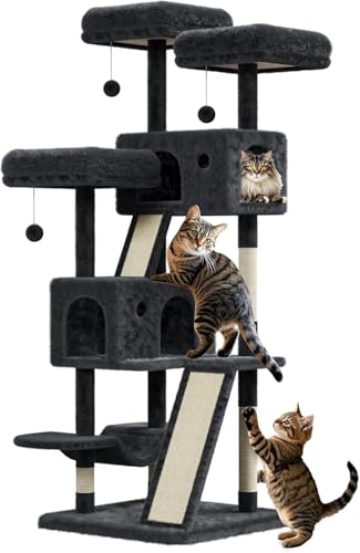 Kratzbaum für Katzen im Innenbereich, Kratzbaum, Spielturm für Katzen, 3 Kratzstangen, 2 Plattformen, 2 Höhlen, 3 Pompons – Dunkelgrau, mit Leiter von Salutmeuble