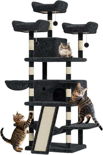 Kratzbaum für Katzen im Innenbereich, Kratzbaum mit Kratzbrett, Spielturm für Katzen, 4 Kratzstangen, 2 Plattformen, 2 Höhle mit 3 Pompons – Dunkelgrau – PHO_34A8PQYP von Salutmeuble
