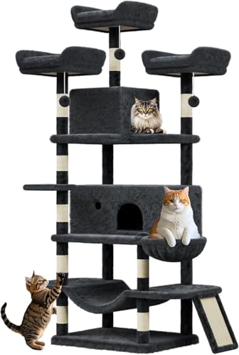 Kratzbaum für Katzen im Innenbereich, Kratzbaum mit Kratzbrett, Spielturm für Katzen, 4 Kratzstangen, 2 Plattformen, 2 Höhlen, 3 Pompons – Grau – 60 x 50 x 174 cm von Salutmeuble