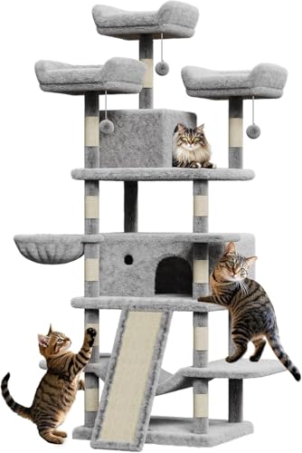 Kratzbaum für Katzen im Innenbereich, Kratzbaum mit Kratzbrett, Spielturm für Katzen, 4 Kratzstangen, 2 Plattformen, 2 Höhlen, 3 Pompons – Hellgrau – PHO_34A8PQYP von Salutmeuble