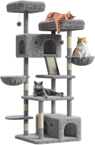 Kratzbaum für Katzen im Innenbereich, Kratzbaum mit Kratzbrett, Spielturm für Katzen, 56,6 x 56,6 x 168,6 cm, aus Plüschstoff, mehrere Ebenen, 4 Kratzstangen, 2 Plattformen, 2 Höhle mit 2 Pompons Kratzbaum für Katzen im Innenbereich, Kratzbaum mit Kratzbrett, Spielturm für Katzen, 56,6 x 56,6 x 168,6 cm, aus Plüschstoff, mehrere Ebenen, 4 Kratzstangen, 2 Plattformen, 2 Höhle mit 2 Pompons von Salutmeuble