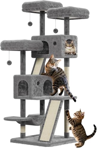 Kratzbaum für Katzen im Innenbereich, Kratzbaum mit Kratzbrett, Spielturm für Katzen – 3 Kratzstangen, 2 Plattformen, 2 Höhlen, 3 Pompons mit Leiter – Hellgrau von Salutmeuble