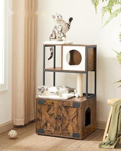 Kratzbaum mit integrierter Katzentoilettenabdeckung, Eckmöbel mit Kratzbaum, Hängematte und Kugel, Holz, Anti-Hunde, einfache Reinigung, waschbares Kissen, Braun (106 x 58 x 50 cm) von Salutmeuble
