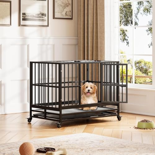 Robuster Hundekäfig, 123 cm, Doppeltür, 360° feststellbare Räder, abnehmbares Tablett, einfach zu montieren, Käfig für kleine, mittlere und große Hunde (123 x 74 x 86 cm) von Salutmeuble