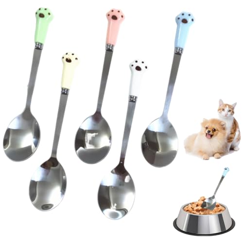 SamHeng Bunt Futterlöffel für Haustiere, 5 Stück Katze Klaue Edelstahllöffel Dosenlöffel, Kätzchen Welpe Universal Langen Griff Essensschaufel Hundlöffel für Nassfutter Can Spoons von SamHeng