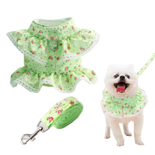SamHeng Hundegeschirr und Leine Set Spitze Blumen Haustier Weste Verstellbar Ausbruchsicher Katzengeschirr Anti Zug Katze Brustgeschirr Prinzessinnenkleid für Mittlere Große Hunde Katzen (Grün-L) von SamHeng
