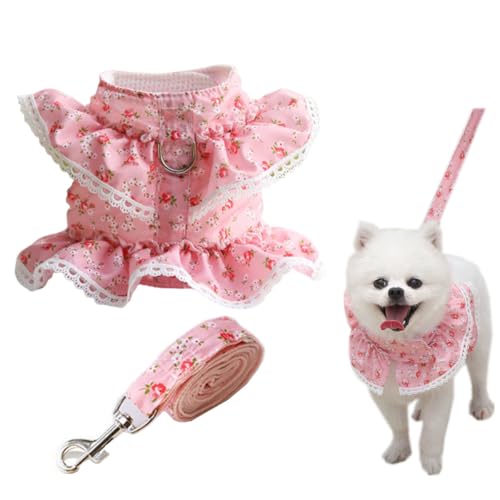 SamHeng Hundegeschirr und Leine Set Spitze Blumen Haustier Weste Verstellbar Ausbruchsicher Katzengeschirr Anti Zug Katze Brustgeschirr Prinzessinnenkleid für Mittlere Große Hunde Katzen (Rosa-L) von SamHeng