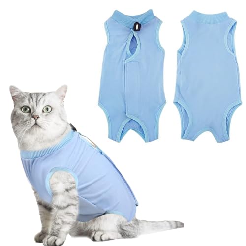 SamHeng Katzen Professioneller Erholungsanzug Chirurgischer Genesungsanzug Nach Operationen für Bauchwunden Oder Hautkrankheiten E-Halsband Alternative für Kätzchen Anti Licking Pyjama Anzug, Blau-L von SamHeng