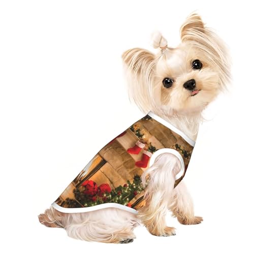 M Pet T-Shirt, atmungsaktiv, ärmellos, Weihnachten, Kamin-Hintergrund, bedruckt, kleine bis mittelgroße Katzen, Welpen, Yorkie, Dackel, Französische Bulldogge von SamLng