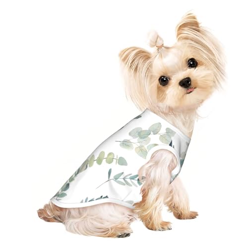 M Pet T-Shirt, atmungsaktiv, ärmellos, weiß, mit natürlichem grünen Zweigdruck, kleine bis mittelgroße Katzen, Welpen, Yorkie, Dackel, Französische Bulldogge von SamLng