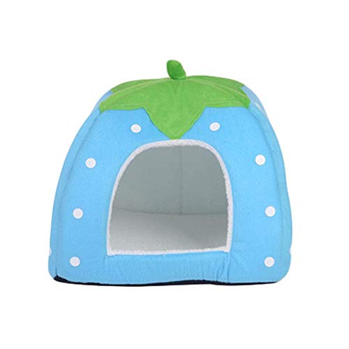 Haustier-Iglu-Bett, Erdbeer-Form, weich, warm, für Hunde und Katzen, tragbar, für drinnen und draußen, Blau von Samine