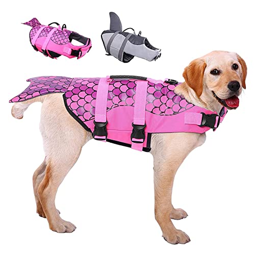 Hai-Hunde-Sicherheitsschwimmweste, Meerjungfrau-Hundeschwimmwesten zum Schwimmen mit hervorragendem Auftrieb und Rettungsgriff für Schwimmbad-Strandbootfahren (Größe: M (30 cm), Farbe: Rosa) von Samnuerly
