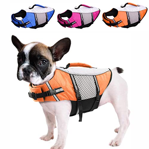 Hundeschwimmweste zum Schwimmen, Haustier-Rettungsweste mit reflektierenden Streifen und Rettungsgriff für Schwimmbad, Strand, Bootfahren (Größe: XXL (45 cm), Farbe: Orange) von Samnuerly