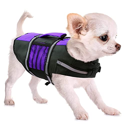 Ripstop-Hunde-Sicherheitsweste, Hunde-Schwimmweste mit Griff, gut sichtbare Hunde-Schwimmweste zum Bootfahren und Schwimmen (Größe: XL (40 cm), Farbe: Lila) von Samnuerly