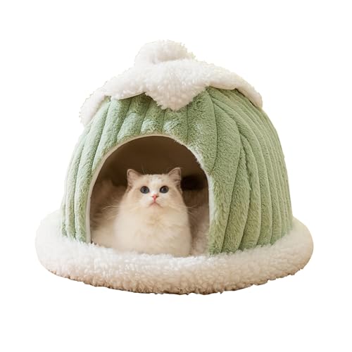 katzenhöhle Filz Katzenhaus für Draußen Winterfest mit Cartoon süßes Katzenhaus, kleines Katzenzeltbetthaus mit abnehmbarem waschbarem Kissen gemütlich (Grün L) von Samnuerly