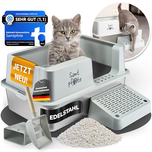 Samtpfote® Premium Katzenklo aus Edelstahl XXL – Offene Katzentoilette mit Spritzschutz, seitlichem Einstieg – antibakteriell, auslaufsicher, hygienisch & leicht zu reinigen – modernes Design von Samtpfote
