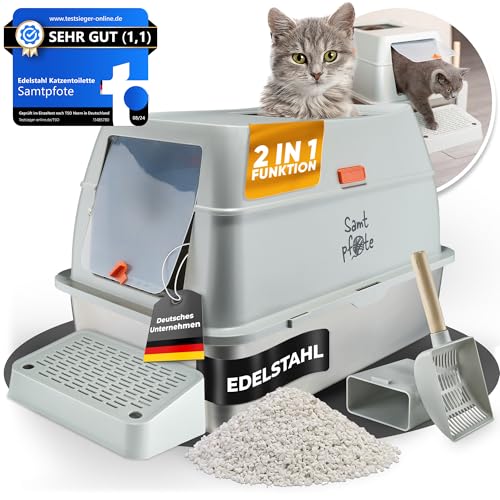 Samtpfote® Edelstahl Katzenklo XXL – Geschlossene Katzentoilette aus Metall, antibakteriell & geruchsarm – Leicht zu reinigen – mit Spritzschutz & Deckel – 60x40 cm Cat Litter Box von Samtpfote