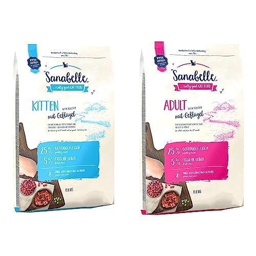 Sanabelle Kitten | Katzentrockenfutter für heranwachsende & tragende/säugende Katzen | 1 x 10 kg & Adult mit Geflügel | Katzentrockenfutter für ausgewachsene Katzen (ab dem 12. Monat) | 1 x 10 kg von Sanabelle