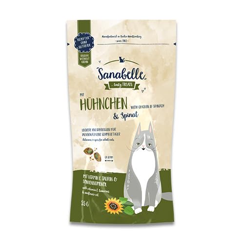 Sanabelle Knusperkissen mit Huhn und Spinat, Ergänzungsfuttermittel für augewachsene Katzen, 20 x 55 g von Sanabelle