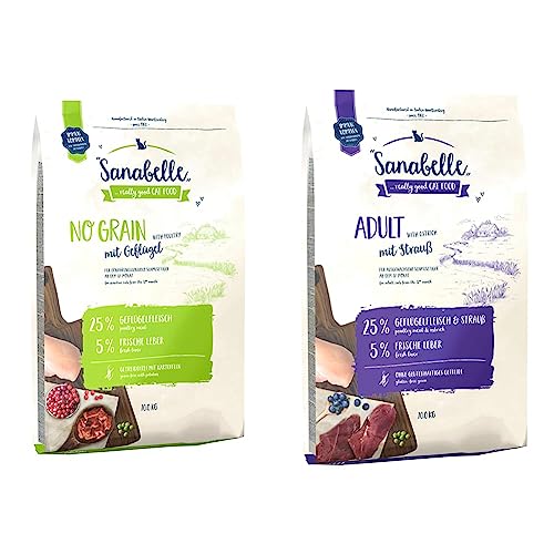 Sanabelle No Grain mit Geflügel | Katzentrockenfutter für ernährungssensible Katzen | 1 x 10 kg & Adult mit Strauß | Katzentrockenfutter für ausgewachsene Katzen (ab dem 12. Monat) | 1 x 10 kg von Sanabelle
