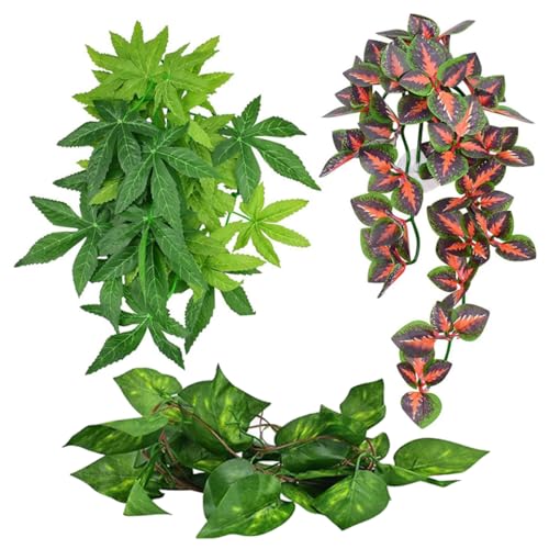 Sanfiyya Reptilienpflanzen, 3 Stcs künstliche Reptilien Terrariumblätter, Plastikhänge -Terrariumpflanzen, falsche grüne Blätter mit Saugbechern für Einsiedlerkrabben Eidechsen Geckos Schlange von Sanfiyya