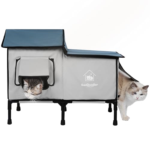 Sangoodier Katzenhaus für den Außenbereich, wetterfest, kühlende Sommer-Katzenhäuser mit Gefrierflasche, faltbarer Katzenschutz, großes Höhlenbett für Haustiere bis zu 25 kg, für Garten, Terrasse oder von Sangoodier
