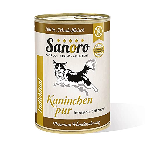 Sanoro Kaninchen pur, 100% Muskelfleisch vom Kaninchen, salzfrei - Premium-Hundefutter - singleprotein - für Ausschlußdiäten geeignet (12 x 400 g). von Sanoro