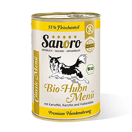 Sanoro Menü Classic Bio-Huhn mit 55% Fleischanteil - Premium Hundefutter in Bio-Qualität - Bio-Huhn mit Bio-Kartoffel, Bio-Karotte, Bio-Apfel und Bio-Hüttenkäse - singleprotein (1 x 400 g) von Sanoro