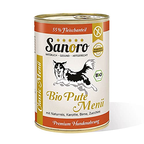 Sanoro Menü Classic Bio-Pute mit 55% Fleischanteil - Premium Hundefutter in Bio-Qualität - Bio-Pute mit Bio-Naturreis, Bio-Karotte, Bio-Birne und Bio-Zucchini - singleprotein (1 x 400g) von Sanoro