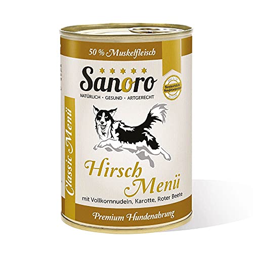 Sanoro Menü Classic Hirsch mit 50% Fleischanteil - Premium Hundefutter in Teil-Bio-Qualität - Hirsch mit Bio-Vollkornnudeln, Bio-Karotte und Bio-Roter Beete - singleprotein (12 x 400g). von Sanoro