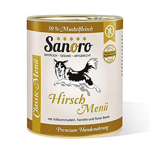 Sanoro Menü Classic Hirsch mit 50% Fleischanteil - Premium Hundefutter in Teil-Bio-Qualität - Hirsch mit Bio-Vollkornnudeln, Bio-Karotte und Bio-Roter Beete - singleprotein (1 x 800g). von Sanoro