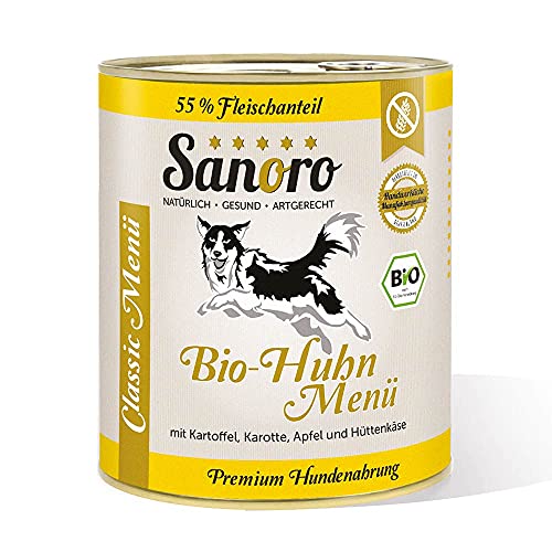 Sanoro Menü Classic Huhn mit 55% Fleischanteil - Premium Hundefutter in Teil-Bio-Qualität - Huhn mit Bio-Kartoffel, Bio-Karotte, Bio-Apfel und Bio-Hüttenkäse - singleprotein (6 x 800g). von Sanoro