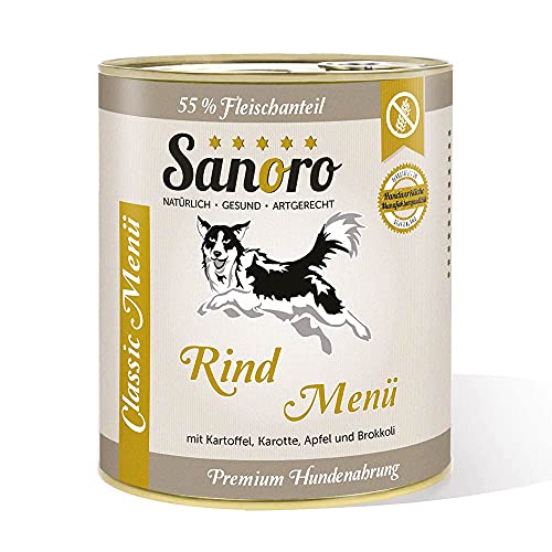Sanoro Menü Classic Rind mit 55% Fleischanteil - Premium Hundefutter in Teil-Bio-Qualität - Rind mit Bio-Kartoffel, Bio-Karotte, Bio-Apfel und Bio-Brokkoli - singleprotein (6 x 800 g) von Sanoro