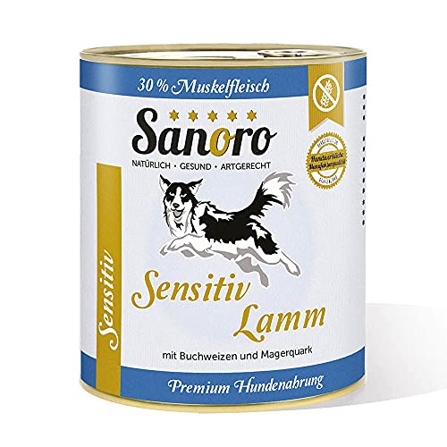 Sanoro Menü Sensitiv Lamm. Premium Hundefutter in Teil-Bio-Qualität. Muskelfleisch vom Lamm mit Bio-Buchweizen und Bio-Magerquark. Purinreduziert. Futter bei Leishmaniose. Singleprotein (1 x 800g) von Sanoro