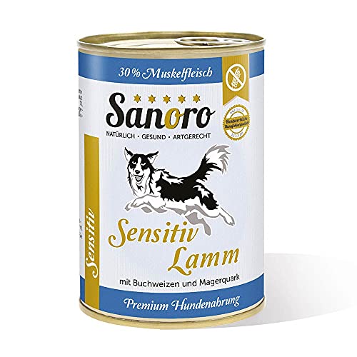 Sanoro Menü Sensitiv Lamm. Premium Hundefutter in Teil-Bio-Qualität. Muskelfleisch vom Lamm mit Bio-Buchweizen und Bio-Magerquark. Purinreduziert. Futter bei Leishmaniose. Singleprotein (12 x 400 g). von Sanoro