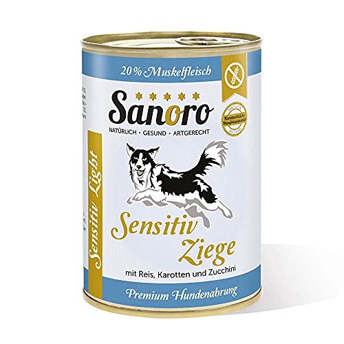 Sanoro Menü Sensitiv Light Ziege. Premium Hundefutter bei Leishmaniose: Purinreduziert und proteinreduziert. Teil-Bio-Qualität. Muskelfleisch von der Ziege mit Bio-Reis und Bio-Karotte (1 x 400g) von Sanoro