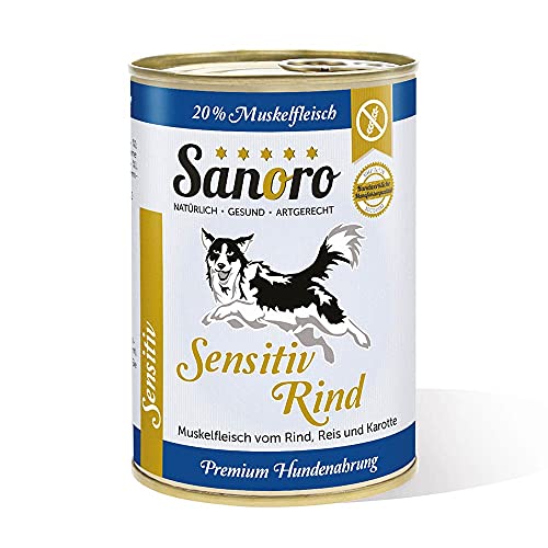 Sanoro Sensitiv Rind - Premium Hundefutter bei Leishmaniose: Purinreduziert und proteinreduziert. Teil-Bio-Qualität mit Bio-Reis und Bio-Karotten (12 x 400 g) von Sanoro