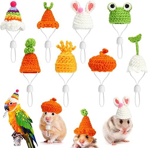 8 Stück Mini-Hamstermütze, handgestrickt, kleine Tiere, Hut mit verstellbarem Riemen, Frosch, Hase, Regenbogen, Karotte, Mini-Hut, winziger, Kostümzubehör, Foto-Requisiten von Sanwuta