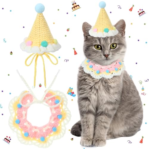 Sanwuta 2 Stück Katzen-Geburtstagsparty-Zubehör, Strickmütze, Kätzchen, Geburtstagslätzchen, Strick-Bandana, Haustier-Party-Kostüm, Kopfbedeckung, Zubehör für Welpen, Kätzchen, kleine Hunde, Tiere von Sanwuta