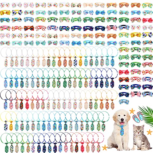Sanwuta 200 Stück Hundehalsbänder mit Fliegen, hawaiianisch, verstellbar, für Hunde und Katzen, inklusive 100 Hunde-Krawatten und 100 Hunde-Fliegen für kleine, mittelgroße Hunde, Welpen, Fellpflege von Sanwuta