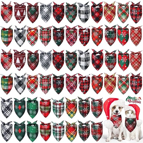 Sanwuta 60 Stück Plaid Weihnachten Urlaub Hund Bandanas Klassische Schneeflocke Haustier Schal Langlebig Hund Weihnachten Outfit Dreieck Verstellbares Haustier Kostüm Zubehör für Kleine Mittlere Große von Sanwuta